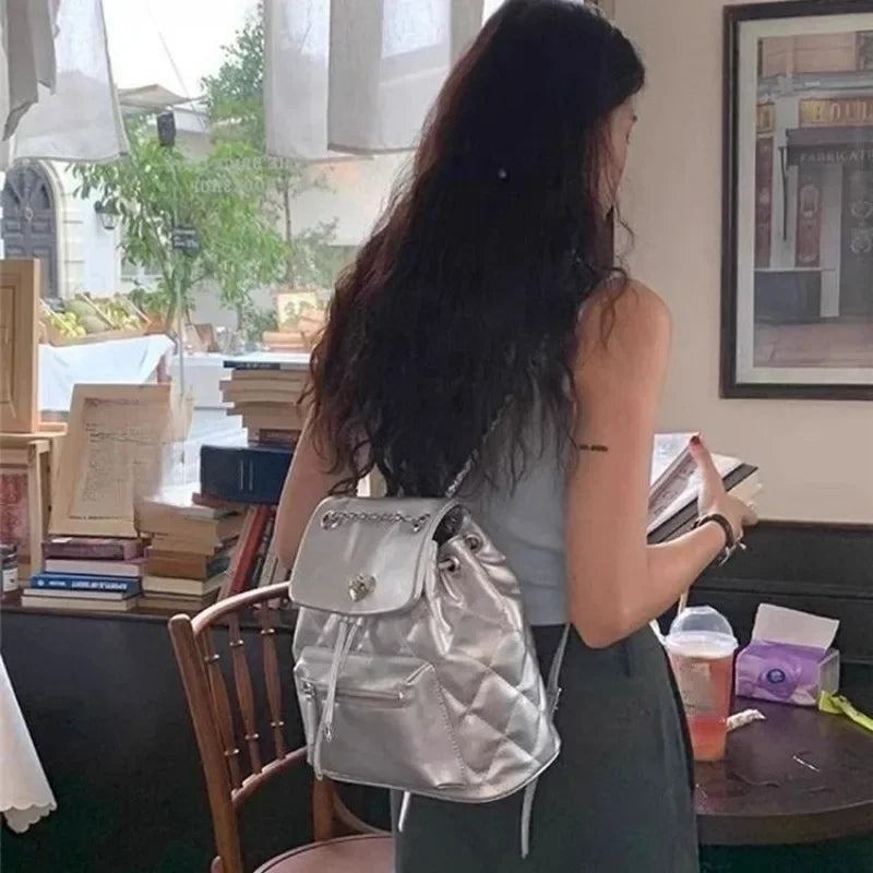 Ingvn  Silver Elegant Womens Backpack Fashion Casual Designer Small Aesthetic Backpacks Simple Literary Female Korean Popular Bag