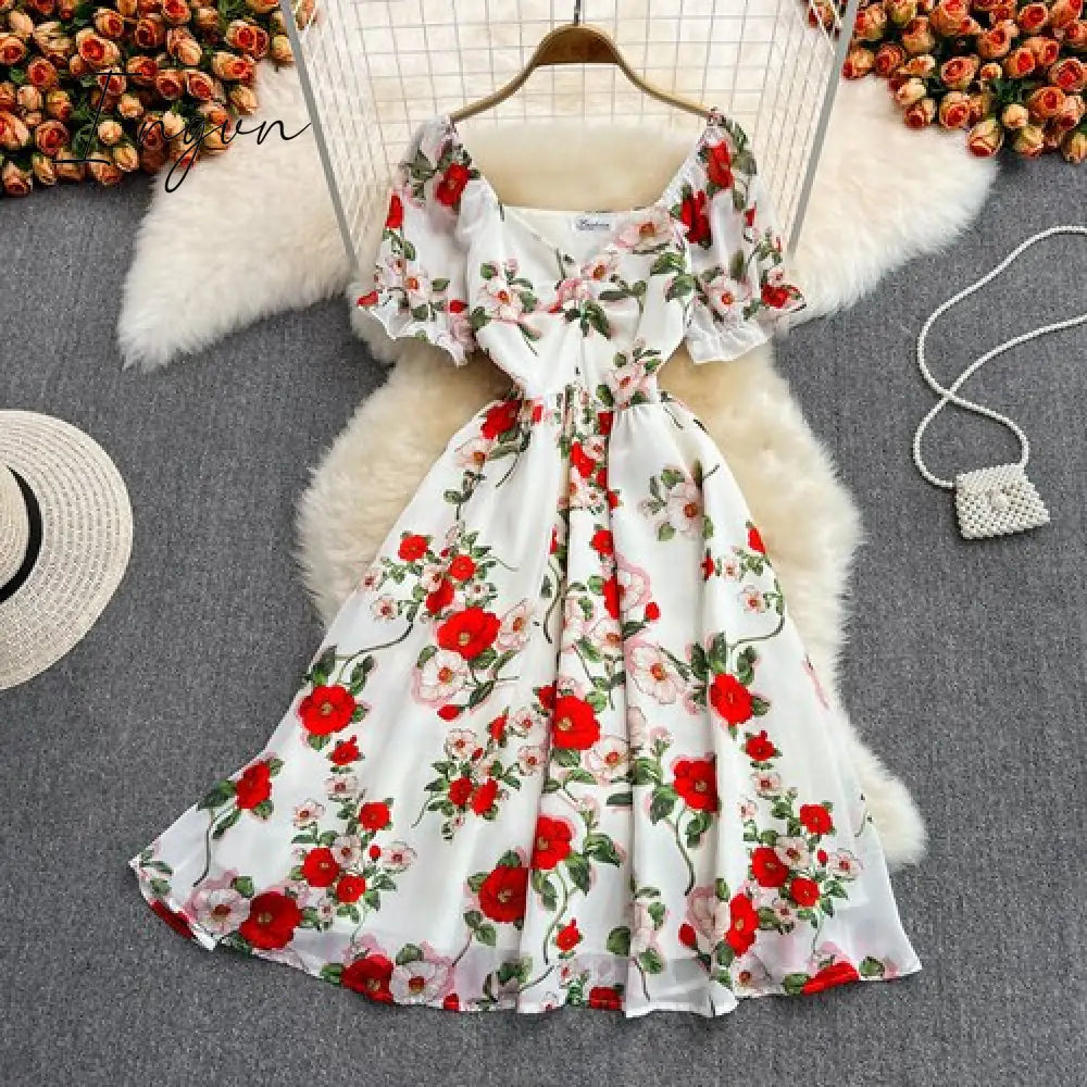 Ingvn - Summer Outfits Ladies French Retro V-neck Floral Women Dress Elegant Draped Flowers Short Puff Sleeves Slim Fairy Mid-calf A-line Dress