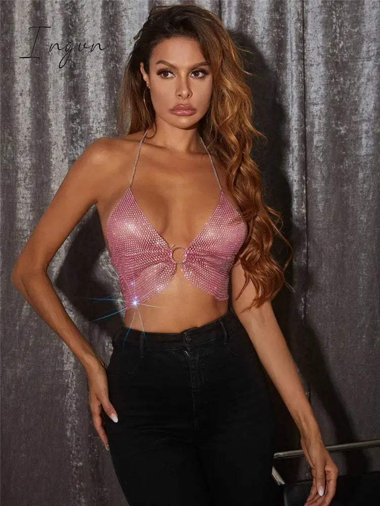 Ingvn - Sexy Crop Top Women Two Piece Set Festival Beach Club Outfits Party Tank Top T Shirt Woman Halter Rhinestones Tops Summer