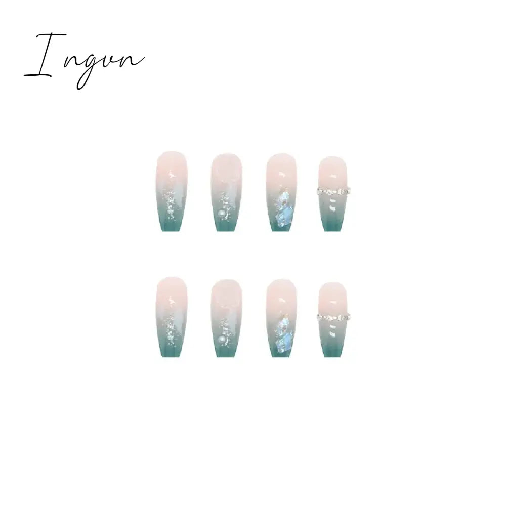 24pcs/box Press On False Nails Blue Camellia Nail Art Wearable Fake Nails Long Ballerina With Wearing Tools