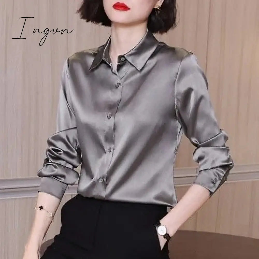 Ingvn - Brand Quality Luxury Women Shirt Elegant Office Button Up Long Sleeve Shirts Momi Silk Crepe Satin Blouses for Women Fashion Business Ladies Top