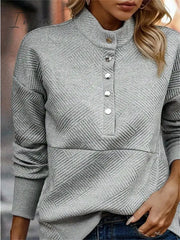 Ingvn - Women's Sweatshirt Pullover Basic Button Gray Solid Color Casual V Neck Long Sleeve Textured Top Micro-elastic Fall & Winter