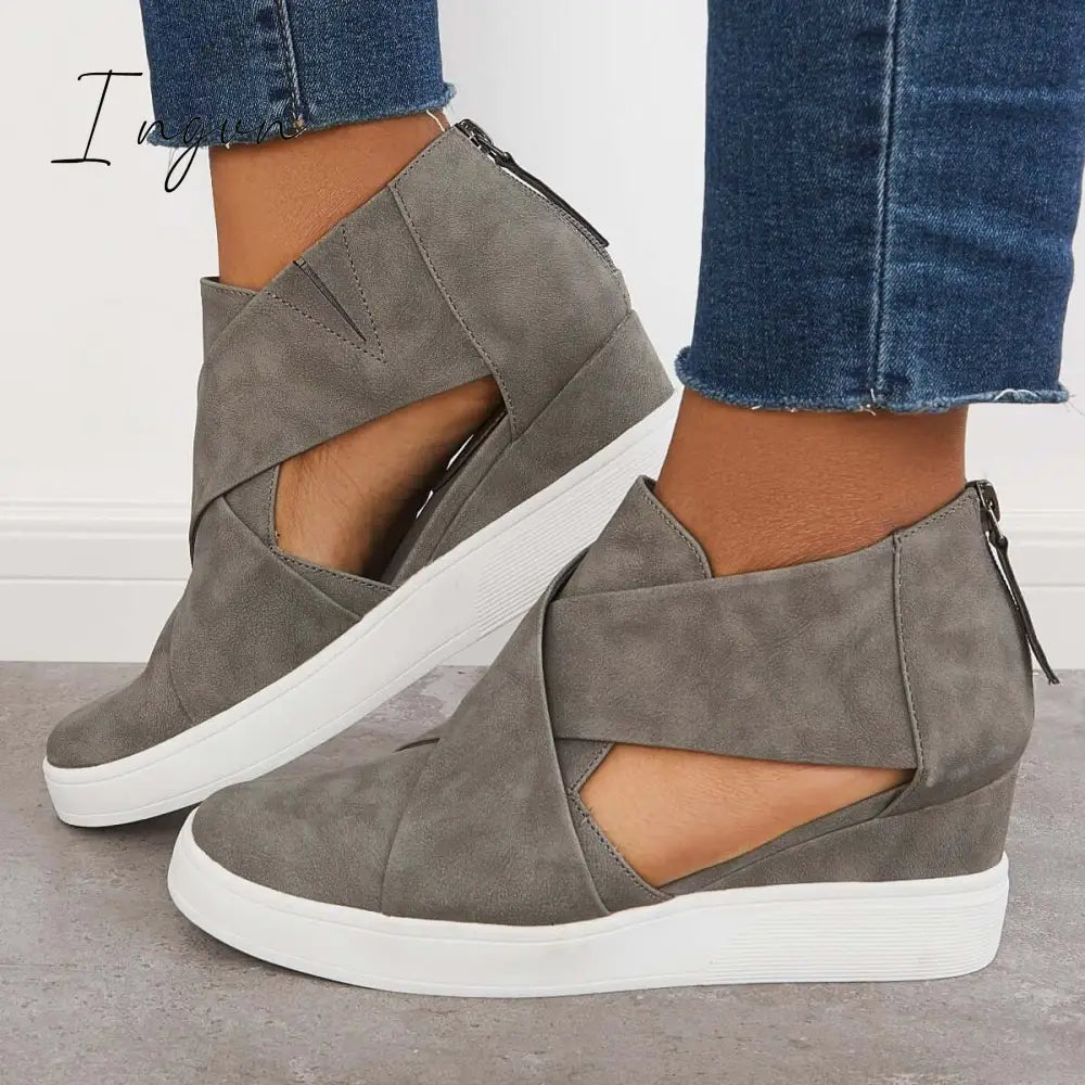 Ingvn - Casual Wedge Sneakers Platform Crisscross Cut Out Shoes