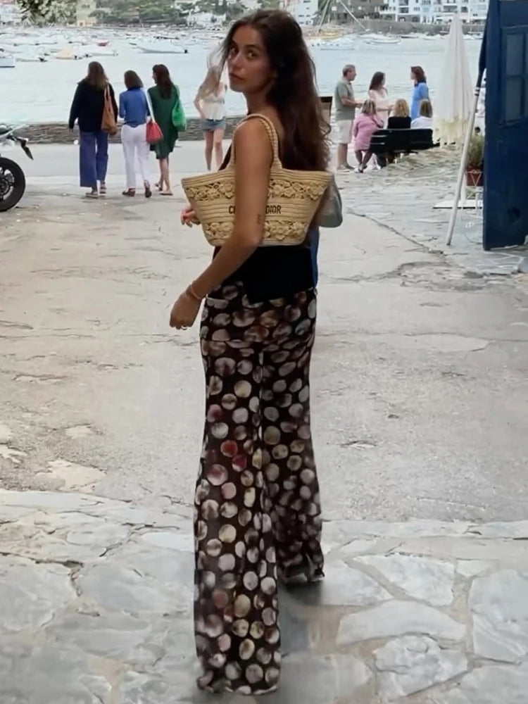 Mesh Leopard Print Trousers Woman Fashion High Waist Print Wide Leg Pants Female Elegant Printed Long Pants Bottoms