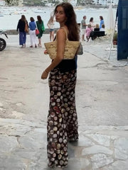 Mesh Leopard Print Trousers Woman Fashion High Waist Print Wide Leg Pants Female Elegant Printed Long Pants Bottoms