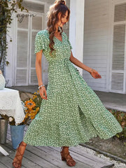 Ingvn - Ladies Vintage Long Floral Print Summer Dress Women Loose Casual Button Bohemian Beach Dress Women Sundress Robe Vestidos Female