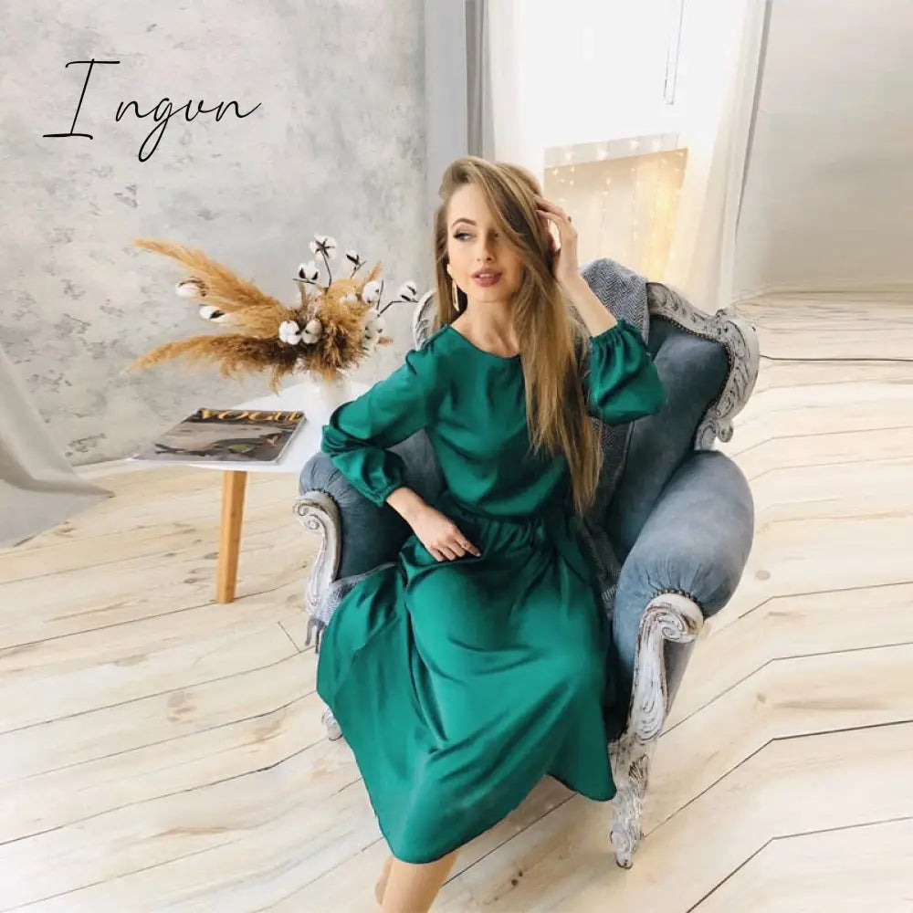 Ingvn - Elegant Vintage Sashes Satin A-line Dress Women Autumn New Lantern Sleeve O Neck Solid Casual Party Vestidos Fashion Robes