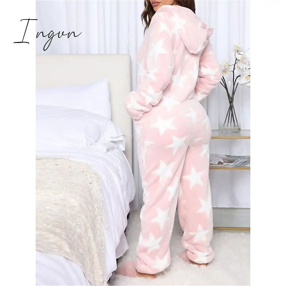 Ingvn - Women's Pajamas Jumpsuit Leopard Star Warm Comfort Plush Home Christmas Flannel Warm Breathable Hoodie Long Sleeve Pocket Fall Winter Leopard Print Moon blue