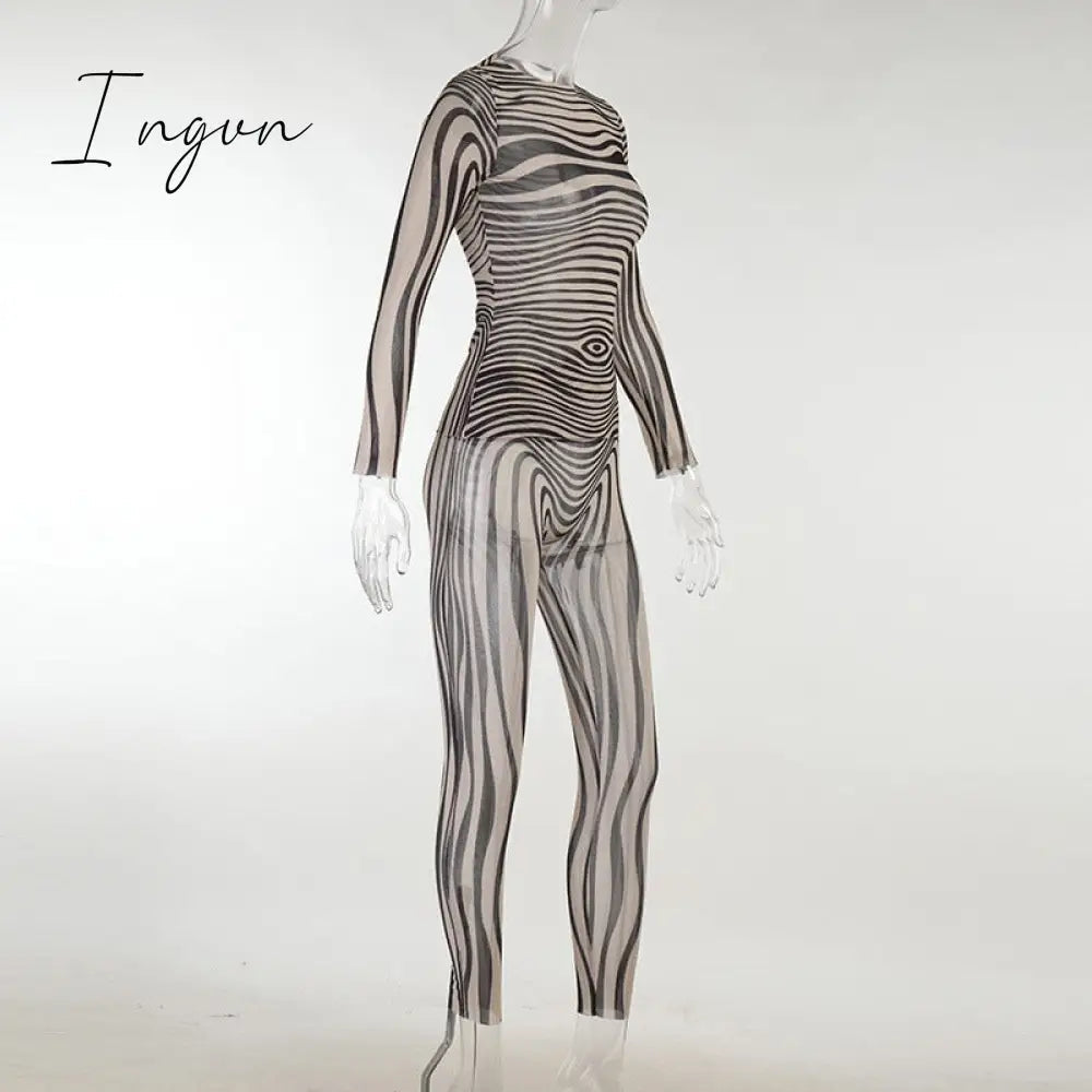 Ingvn - Autumn Mesh Zebra Striped Sets Women 2 Piece Suit T-shirt + Long Pants See-through Sexy Co-ord Set Female Tracksuit Costume