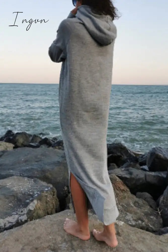 Ingvn - Casual Solid Draw String Pocket Hooded Collar Long Sleeve Dresses