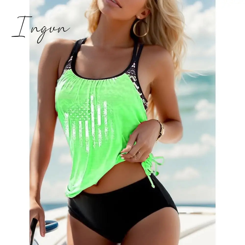 Ingvn - Women's Swimwear Tankini 2 Piece Normal Swimsuit 2 Piece Modest Swimwear High Waisted Striped Stars Black Pink Blue Purple Green Padded Strap Bathing Suits Sports Vacation Beach Wear