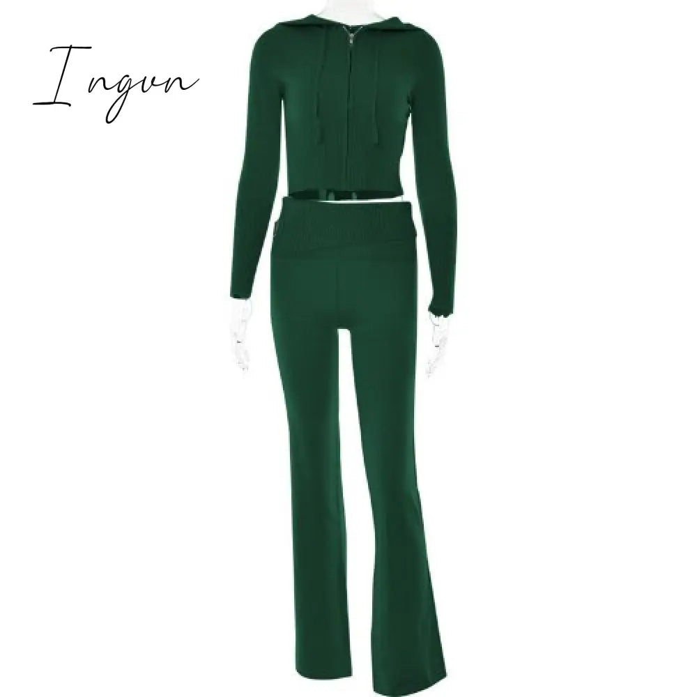 Ingvn - Spring New Hoodie Cropped Top And Pants Sets High Waist Flare Pants Suits Pink Knitted Womens Y2k Two Piece Set