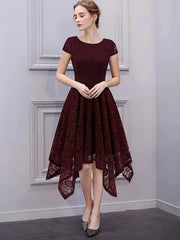 Solid Lace Asymmetrical Ruffle Hem Dress, Elegant Crew Neck Aline Dress For Wedding Party, Women's Clothing