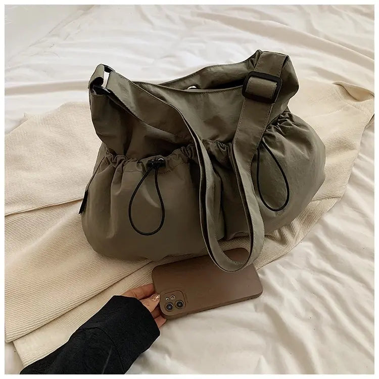 Ingvn  New Pleated Casual Crossbody Bag Student Nylon Shoulder Bag Fashionable Commute Car Stitching Hobo Bag