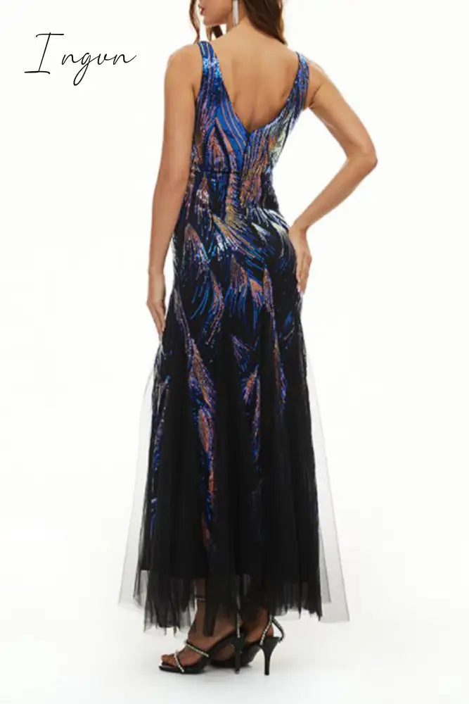 Ingvn - Celebrities Elegant Color Block Patchwork V Neck Evening Dress Dresses