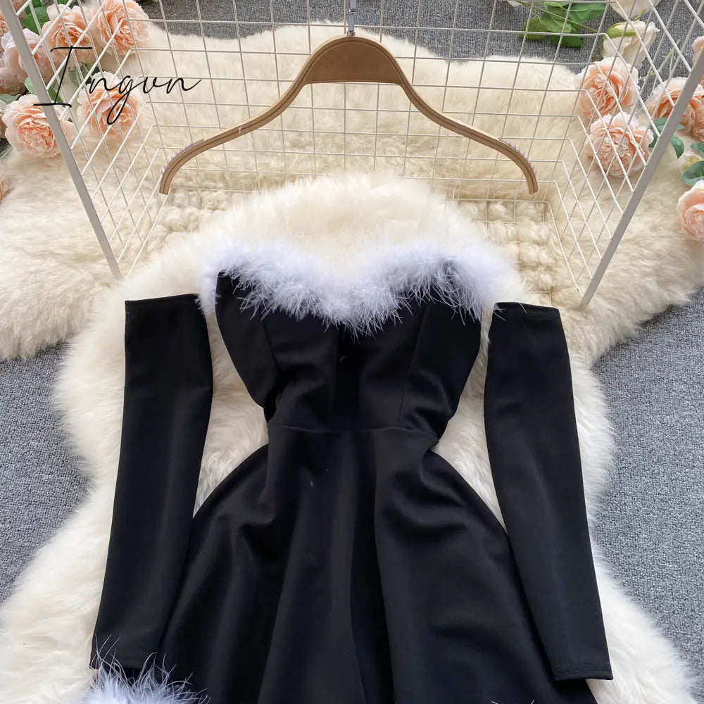 Ingvn - Gifts For Women Elegant Dress For New Year Strapless Backless Furry Sexy Short Mini Christmas Dress Navidad Red Party Dress Femme