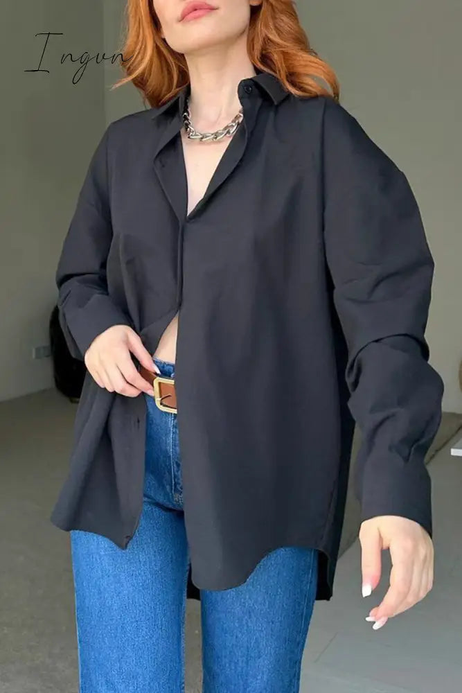 Ingvn - Street Solid Buttons Slit Turndown Collar Tops