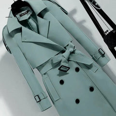 Ingvn - Women Trench Coat Solid Double Breasted Trench Autumn Winter Elegant Vintage Turn-down Collar Warm Windproof Trench with Belt