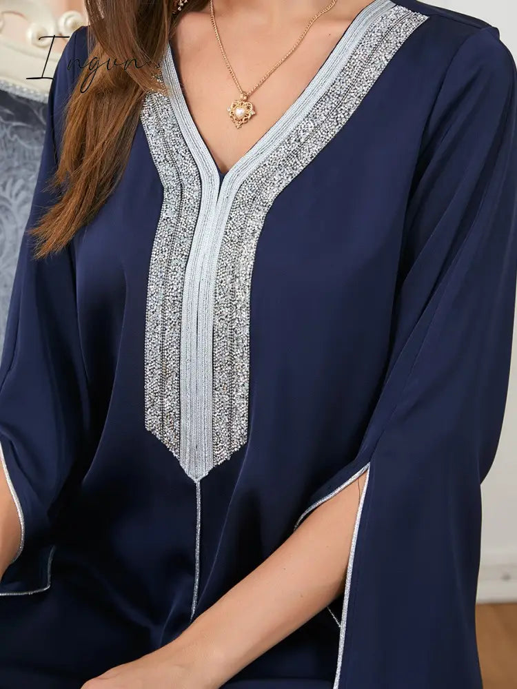 Ingvn - Party Dress Muslim Women Abaya Prayer Caftan V Neck Diamond Maxi Dresses Robe India Abayas Dubai Longue Vestidos Largos