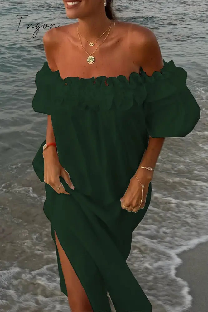Ingvn - Sexy Solid Slit Fold Off the Shoulder Beach Dresses