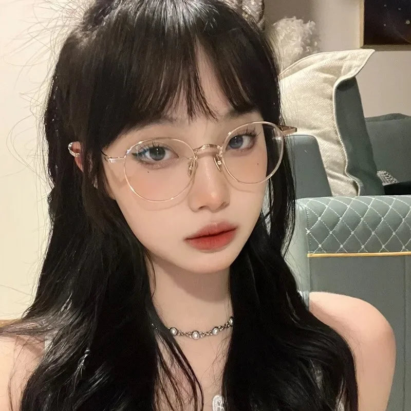 INGVN  Korean Retro Alloy Glasses Frame Girl Ins No Makeup Plain Glasses Men Light Eyewear Cute Decorative Computer Glasses