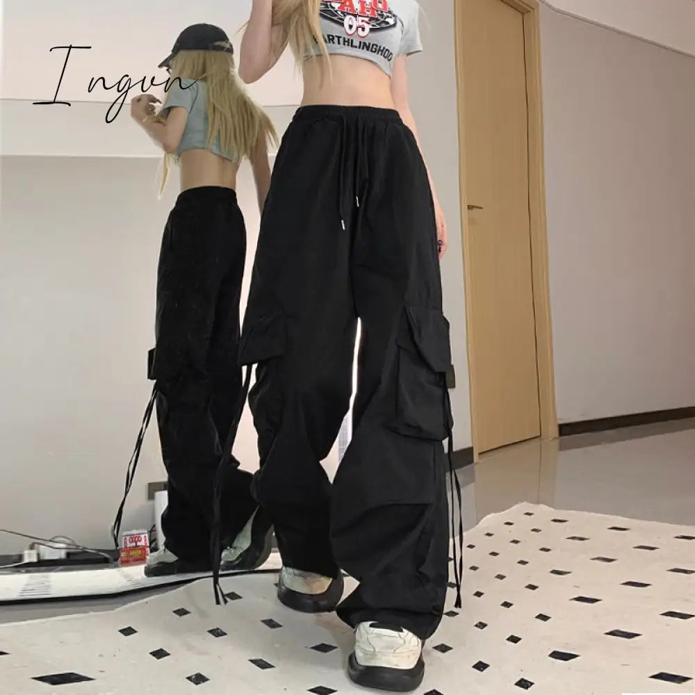 Ingvn - Harajuku Y2k Wide Cargo Pants Women Baggy Hip Hop Style Black Parachute Pants Pink Oversized Joggers Korean Streetwear