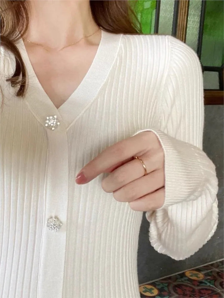 Solid Knitted Dresses for Women Autumn Long Sleeves V-neck Single Breasted Pleated Ruffles Casual Korean Fashion Female Clothing