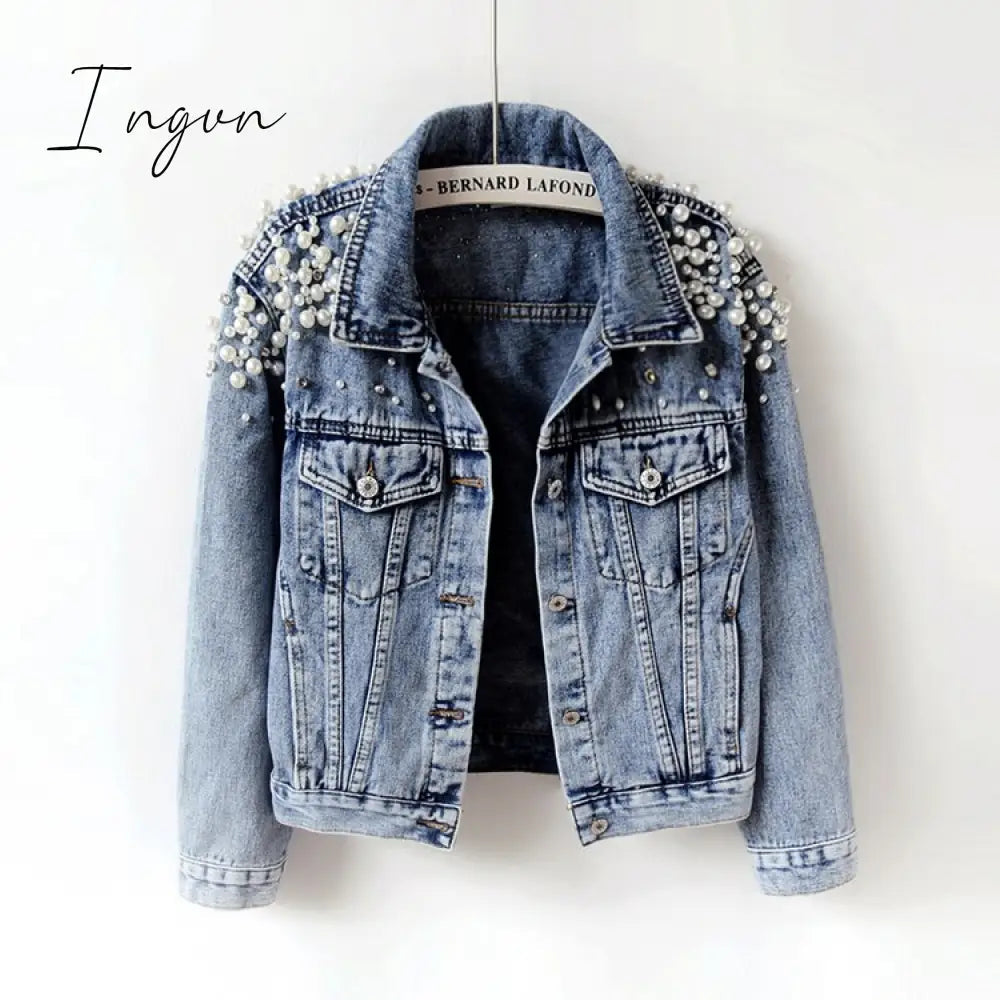 Ingvn - Denim Jacket Women New Autumn Women's Jean Jackets  Pearl  Casual Denim Jacket Women Coat Long Sleeve Outerwear