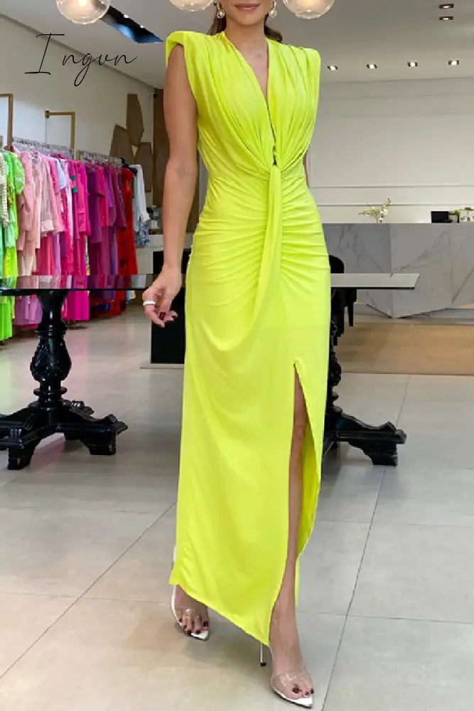 Ingvn - Casual Solid Slit V Neck Long Dress Dresses