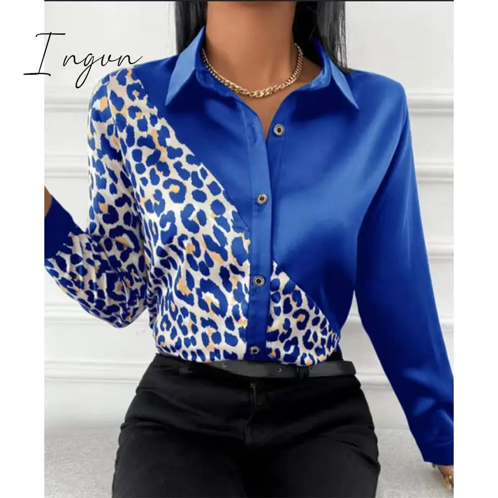 Ingvn - Women Long Sleeve Shirts Autumn New Elegant Satin Blouses Tops Office Leopard Print Patchwork Shirt Ladies Casual Lapel Top