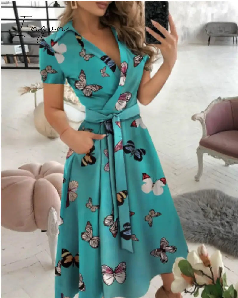 Ingvn - Spring and summer fashion plus size ruched dress long-sleeved V-neck print bag hip dress women's clothing dress for women