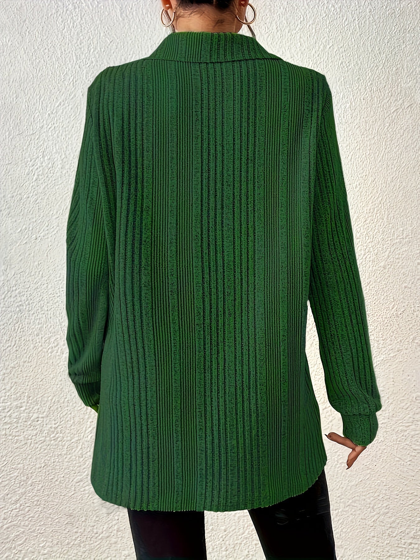 1pc Elegant Solid Color Ribbed Knit V-Neck T-Shirt, Long Sleeve Polyester Top for Women, Spring/Fall Casual Wear