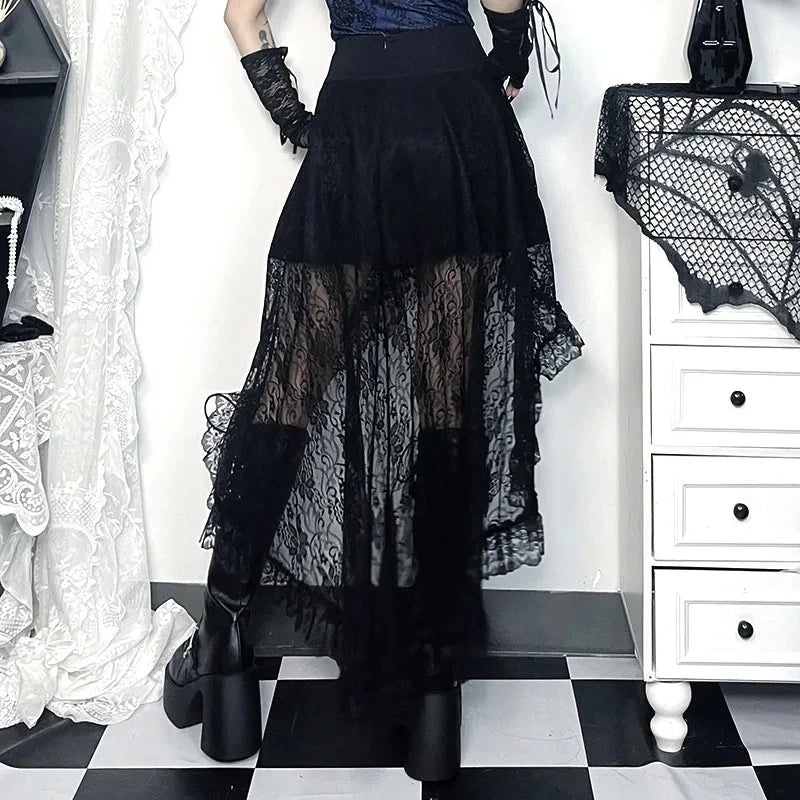 Y2K Black Floral Lace Mesh A-Line Long Skirts Goth Vintage Aesthetic Cocktail Party Skirt Women New Fashion Streetwear
