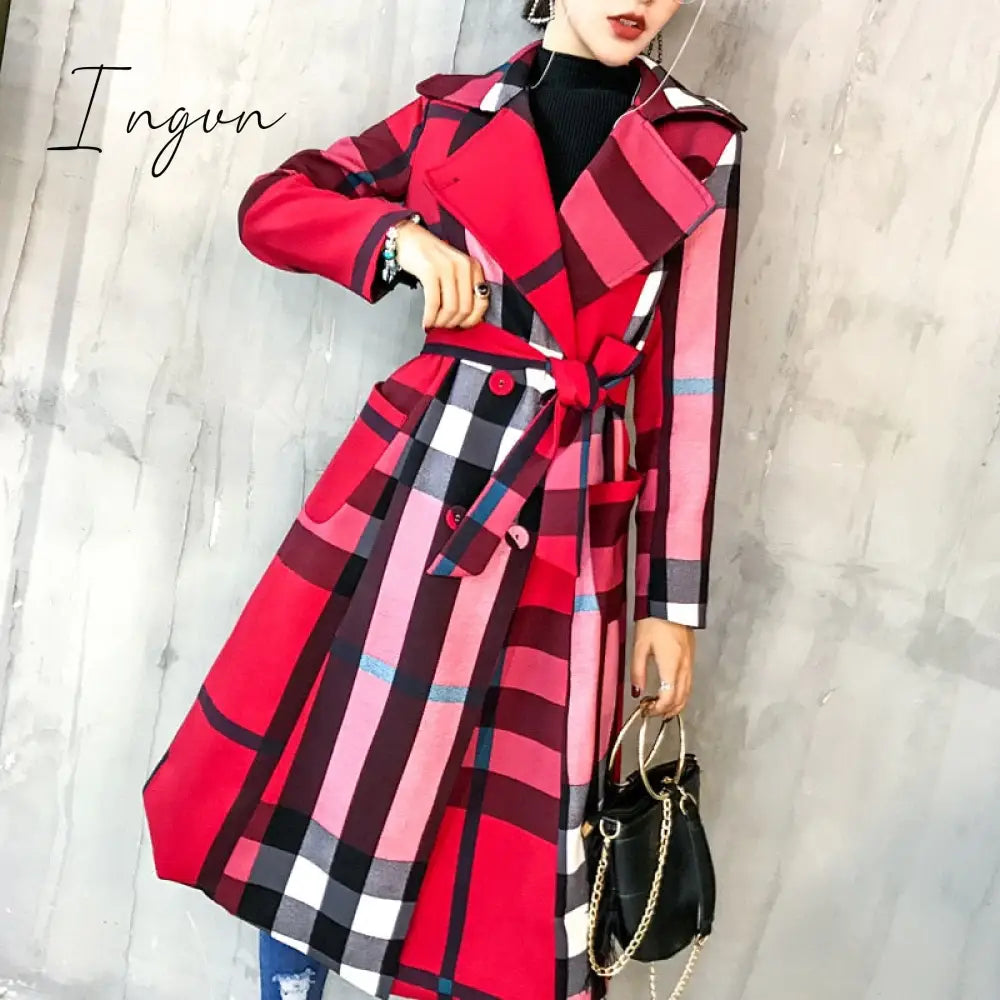 Ingvn - Thickened autumn and winter new women's lapels in the long simple color matching retro plaid coat temperament windbreaker