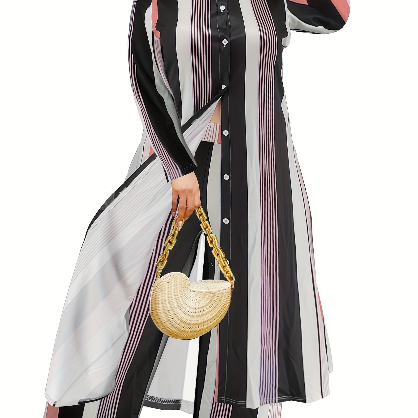 Plus Size Fashionable Outfits Set, Women's Plus Striped Button Up Long Sleeve Shirt Dress & Wide Leg Pants Outfits Two Piece Set