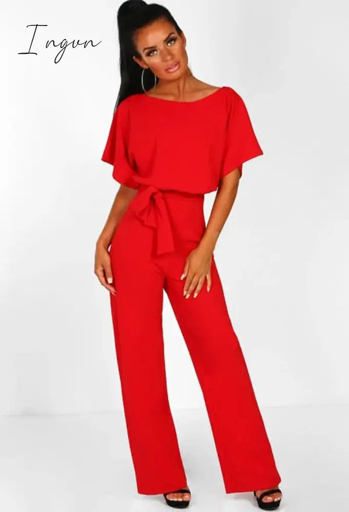 Ingvn - Women Summer Jumpsuit Short Sleeve Elegant jumpsuit Long wide leg Pants High waist Casual Bodysuit Plus Size Overalls Loose