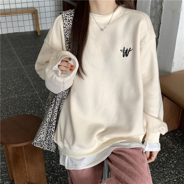 Autumn Winter Girl Korean Version Oversized Hoodies Street Style Letter Embroidery Sweatshirt Fleece Thick Pullover Tops Femmes