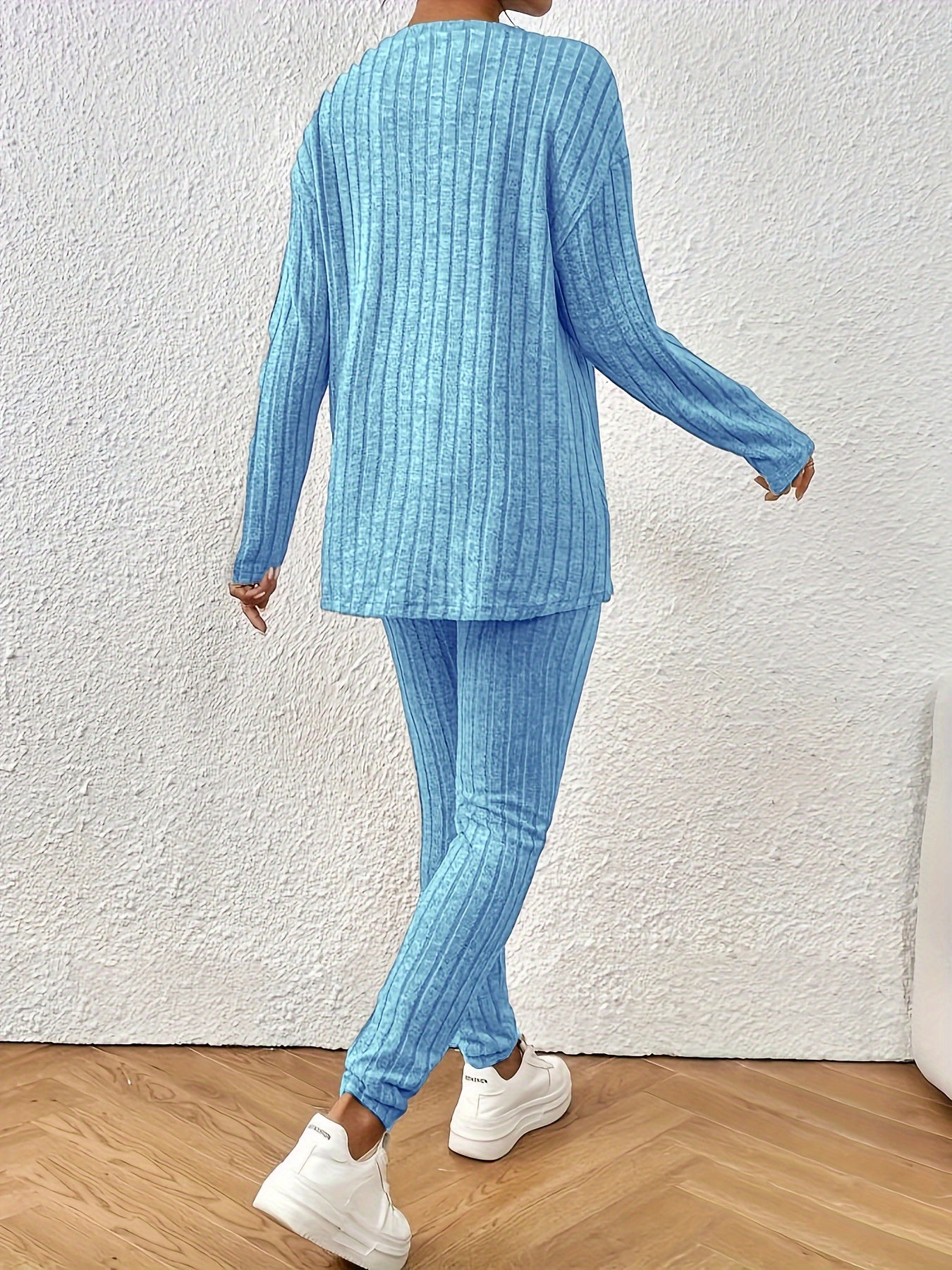 Two-Piece Pants Set - Elegant Solid Color Long Sleeve Crew Neck T-Shirt and Skinny High Waist Pants Outfit for Women - Polyester Knit Fabric, Mid Elasticity, Spring/Fall Season, No Printing, No Sheer