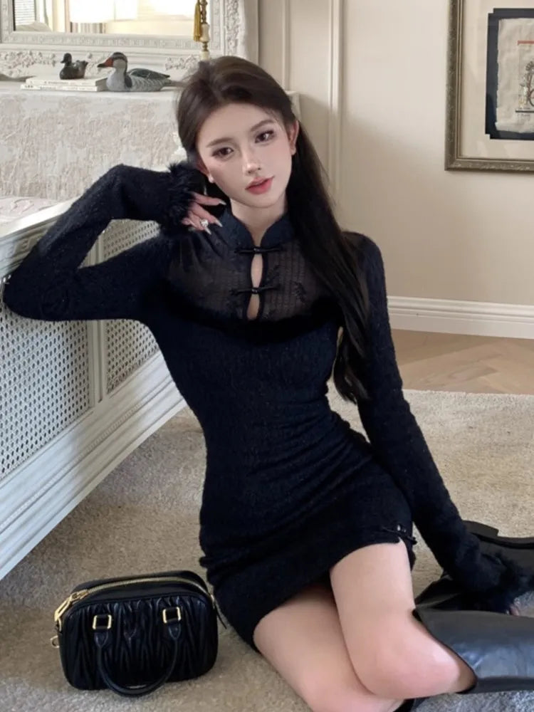 Vintage Mini Dress for Women Chinese Style Long Sleeves Bodycon Evening Party Dresses Autumn Female Slim Waist Vestidos Mujer