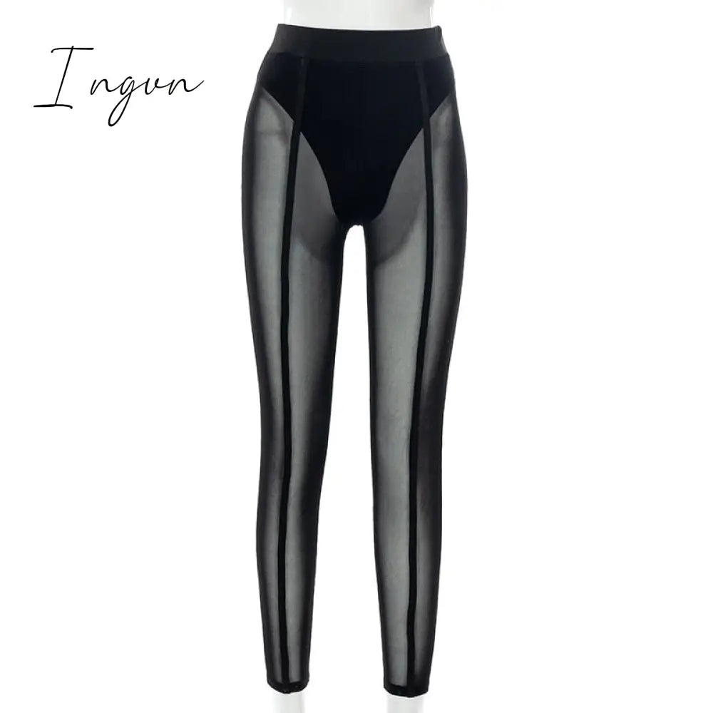 Ingvn - New Sexy See-through Black High Waist Long Trousers Casual Sweatpants Women Autumn Elastic Pencil Pants Mesh Leggings