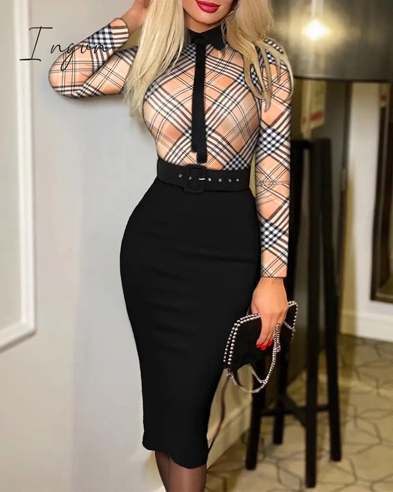 Ingvn - Dresses For Women Long Sleeve Floral Print Tie Front Work Dress With Belt Midi Vestidos De Mujer Casual