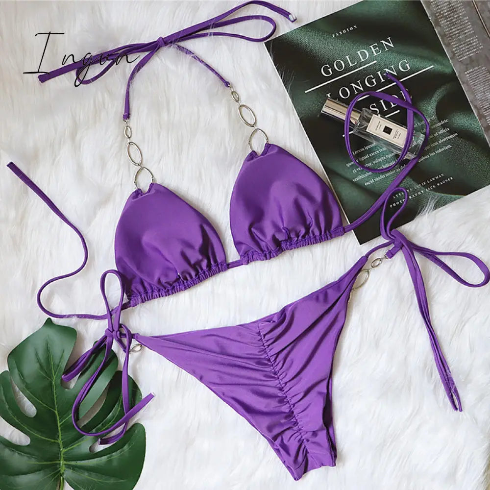 Ingvn - New Shiny Crystal Diamond Bikini Women Halter Bandage Swimsuit Female Swimwear Rhinestone Bikini set Brazilian Bathing Suit