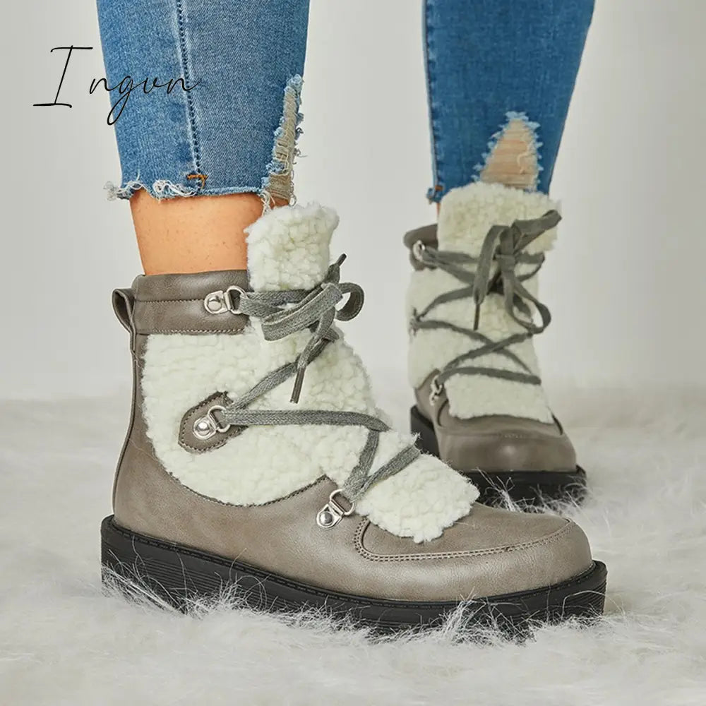 Ingvn - Women's Faux Shearling Stiching Lace Up Snow Boots
