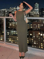 Ingvn - Green Knitted Dress for Women 2023 Summer Sexy O-Neck Sleeveless Split Elegant Maxi Dress Club Party Outfits Casual Long Dress