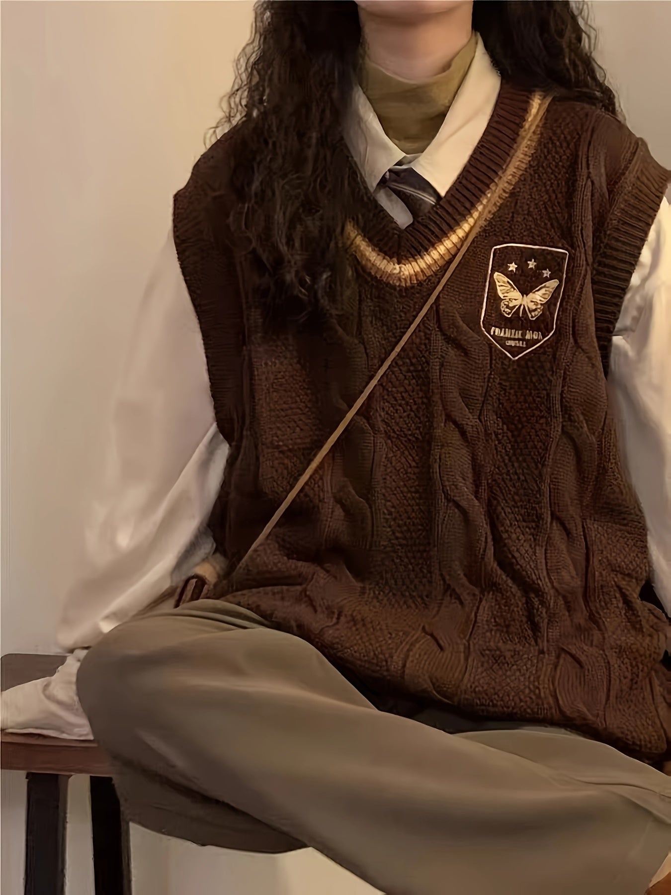 Vibrant Butterfly Pattern Cable Knit V Neck Vest - Soft Slight Stretch Fabric, Embroidered Details, Regular Fit, Pullover Style - Perfect for Spring and Fall, Casual Womens Clothing