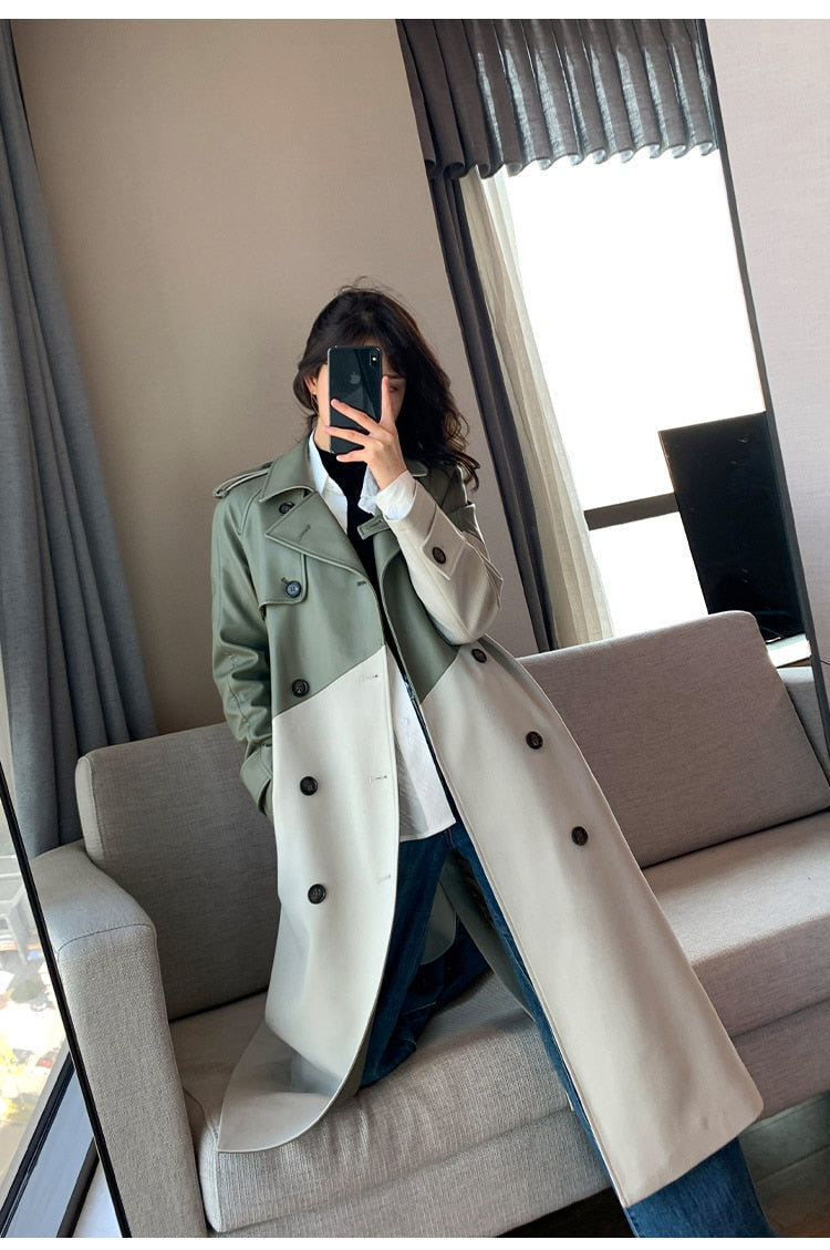 Women's Coat Spring Autumn Windbreaker Jacket Female Green Trench Quality Clothing Leather Stitching Windproof Long Ladies Cloak