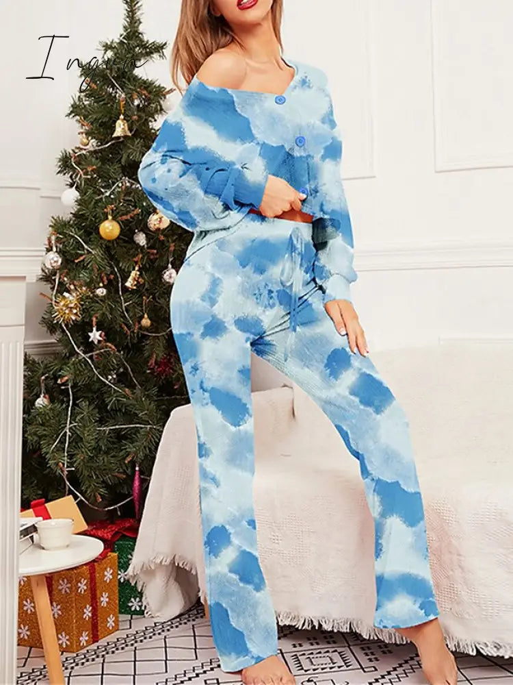 Ingvn - Women's Loungewear Sets Tie Dye Fashion Comfort Soft Home Christmas Daily Polyester Breathable V Wire Long Sleeve Shirt Pant Button Fall Winter Orange yellow Pink