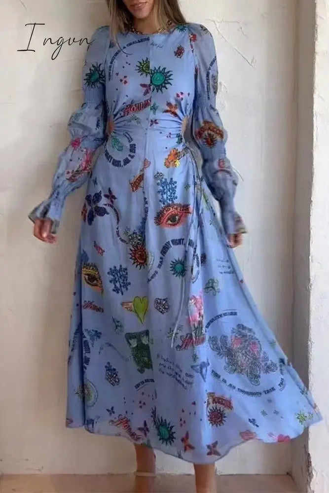 Ingvn - Casual Print Hollowed Out Frenulum O Neck Princess Dresses