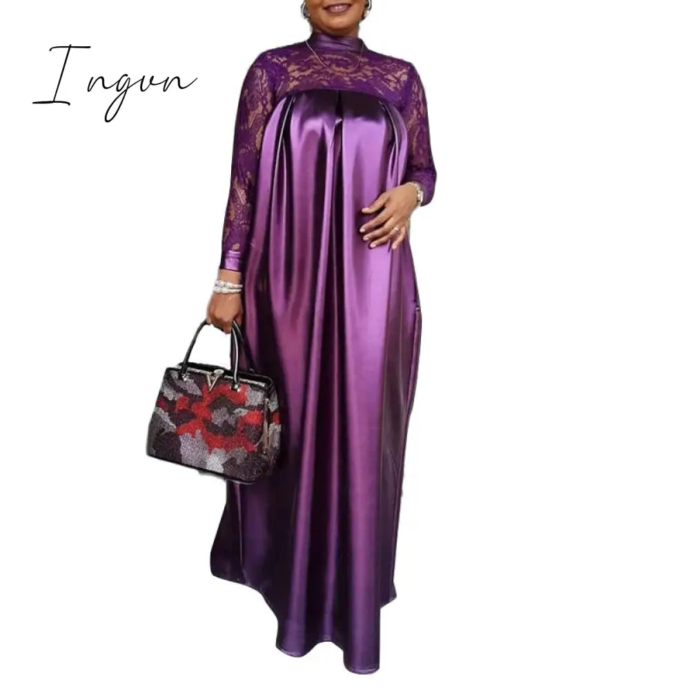 Ingvn - Summer Kaftan Party Dress Bohemian Women Long Sleeve Mock Neck Lace Patchwork Maxi Long Dress Robe Longues Oversized