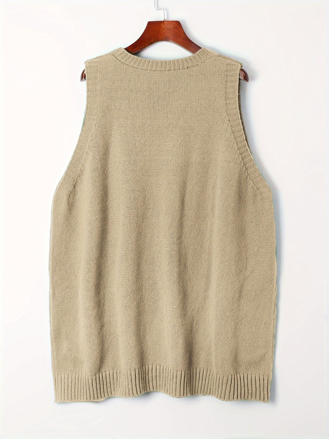 Plus Size Solid Knit Sweater Vest, Casual V Neck Sleeveless Sweater For Fall & Winter, Women's Plus Size Clothing